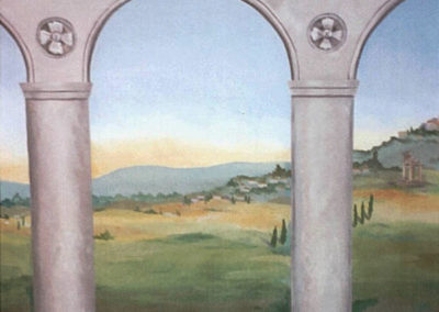 Outdoor mural on canvas of columns and Tuscan countryside in Washington DC