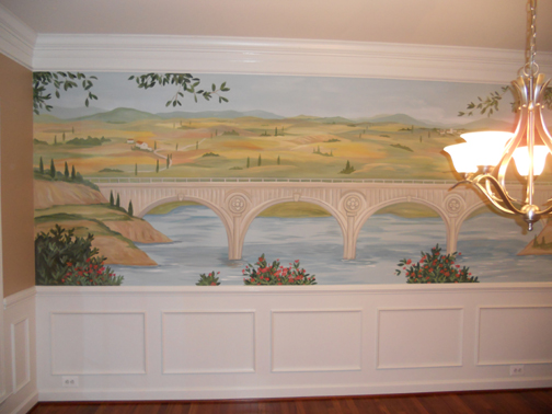 dining room Europpean landscape mural with bridge in Chantilly VA