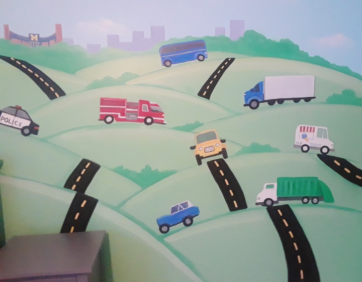 cars and trucks bedroom mural with magnetic paint